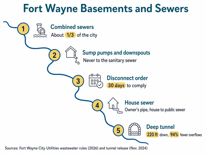 River-map infographic titled Fort Wayne Basements and Sewers, with five numbered stations: 1 Combined sewers, about 1/3 of the city; 2 Sump pumps and downspouts, never to the sanitary sewer; 3 Disconnect order, 30 days to comply; 4 House sewer, owner's pipe, house to public sewer; 5 Deep tunnel, 220 ft down, 94% fewer overflows. bottom credit to the 2026 City Utilities wastewater rules and its November 2024 tunnel release