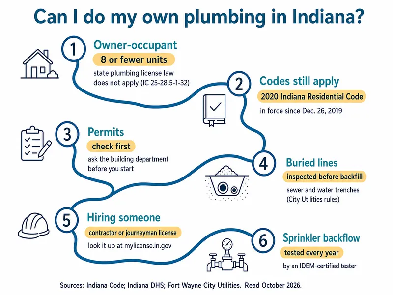 River-map infographic titled Can I do my own plumbing in Indiana, with six stations: owner-occupant of 8 or fewer units, state plumbing license law does not apply (IC 25-28.5-1-32); codes still apply, 2020 Indiana Residential Code; permits, check with the building department before you start; sewer and water line trenches inspected before backfill (City Utilities rules); hiring someone, plumbing contractor or journeyman license, check mylicense.in.gov; lawn sprinkler backflow test by an IDEM-certified tester every year. Source line: Indiana Code, Indiana DHS, Fort Wayne City Utilities, read October 2026.