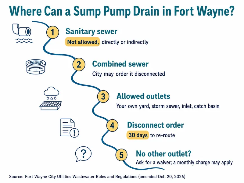 River-map infographic titled Where Can a Sump Pump Drain in Fort Wayne?, with five numbered stations: 1 Sanitary sewer, not allowed, directly or indirectly; 2 Combined sewer, city may order it disconnected; 3 Allowed outlets, your own yard, storm sewer, inlet, catch basin; 4 Disconnect order, 30 days to re-route; 5 No other outlet?, ask for a waiver; a monthly charge may apply. Source line: Fort Wayne City Utilities Wastewater Rules and Regulations (amended Oct. 20, 2026)