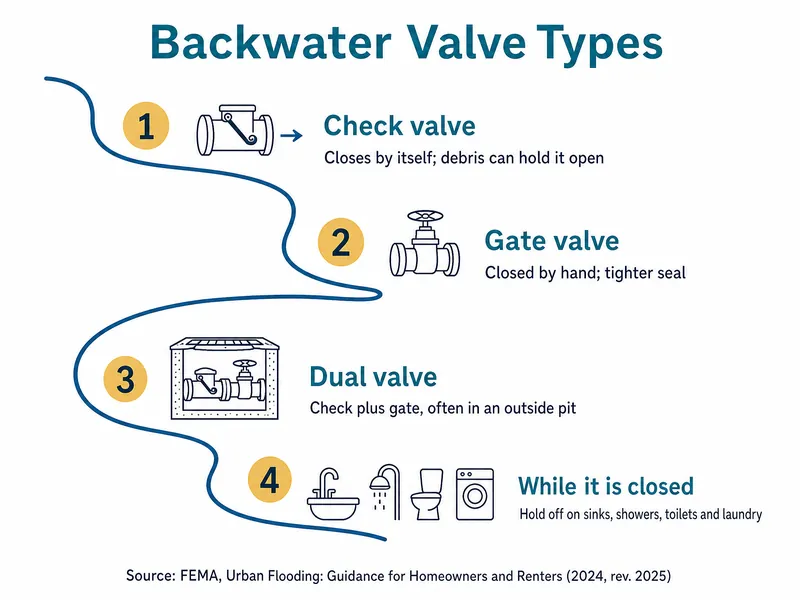 River-map infographic titled Backwater Valve Types, with four numbered stations: 1 Check valve, closes by itself; debris can hold it open; 2 Gate valve, closed by hand; tighter seal; 3 Dual valve, check plus gate, often in an outside pit; 4 While it is closed, hold off on sinks, showers, toilets and laundry. credited at the foot to FEMA's homeowner guide on urban flooding, 2024, revised 2025