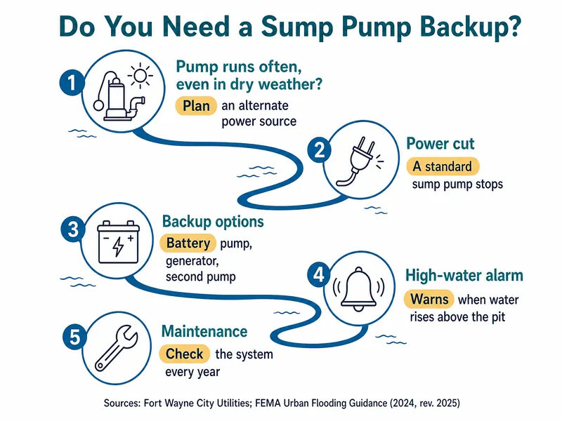 River-map infographic titled Do You Need a Sump Pump Backup?, with five numbered stations: 1 Pump runs often, even in dry weather?, plan an alternate power source; 2 Power cut, a standard sump pump stops; 3 Backup options, battery pump, generator, second pump; 4 High-water alarm, warns when water rises above the pit; 5 Maintenance, check the system every year. Source line: Fort Wayne City Utilities; FEMA Urban Flooding Guidance (2024, rev. 2025)
