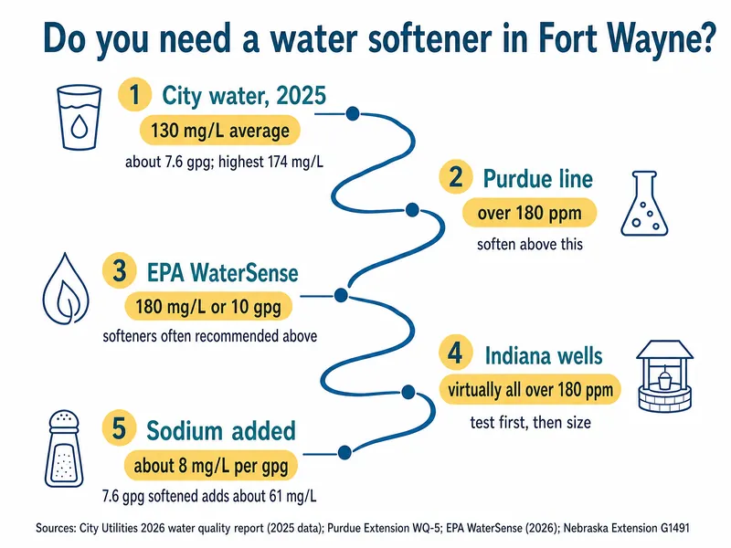 River-map chart titled Do you need a water softener in Fort Wayne, five stations: 1 city water 2025, 130 mg/L average, about 7.6 gpg, highest 174 mg/L; 2 Purdue line, over 180 ppm, soften above this; 3 EPA WaterSense, 180 mg/L or 10 gpg, softeners often recommended above; 4 Indiana wells, virtually all over 180 ppm, test first then size; 5 sodium added, about 8 mg/L per gpg, 7.6 gpg softened adds about 61 mg/L; sources City Utilities 2026 water quality report (2025 data), Purdue Extension WQ-5, EPA WaterSense (2026), Nebraska Extension G1491