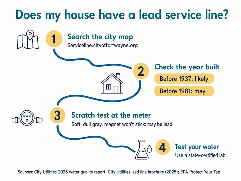 River-map infographic titled Does my house have a lead service line? with four stations: 1, search the city map at Serviceline.cityoffortwayne.org; 2, check the year built, before 1937 likely, before 1981 may; 3, scratch test at the meter, soft, dull gray, magnet won't stick may be lead; 4, test your water at a state-certified lab. Sources: City Utilities 2026 water quality report; City Utilities lead line brochure (2025); EPA Protect Your Tap