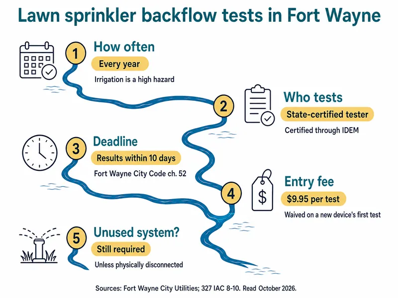 River-map infographic titled Lawn sprinkler backflow tests in Fort Wayne, with five stations: how often, every year, irrigation is a high hazard; who tests, state-certified tester, certified through IDEM; deadline, results within 10 days, Fort Wayne City Code ch. 52; entry fee, $9.95 per test, waived on a new device's first test; unused system, still required, unless physically disconnected. Source line: Fort Wayne City Utilities and 327 IAC 8-10, read October 2026.