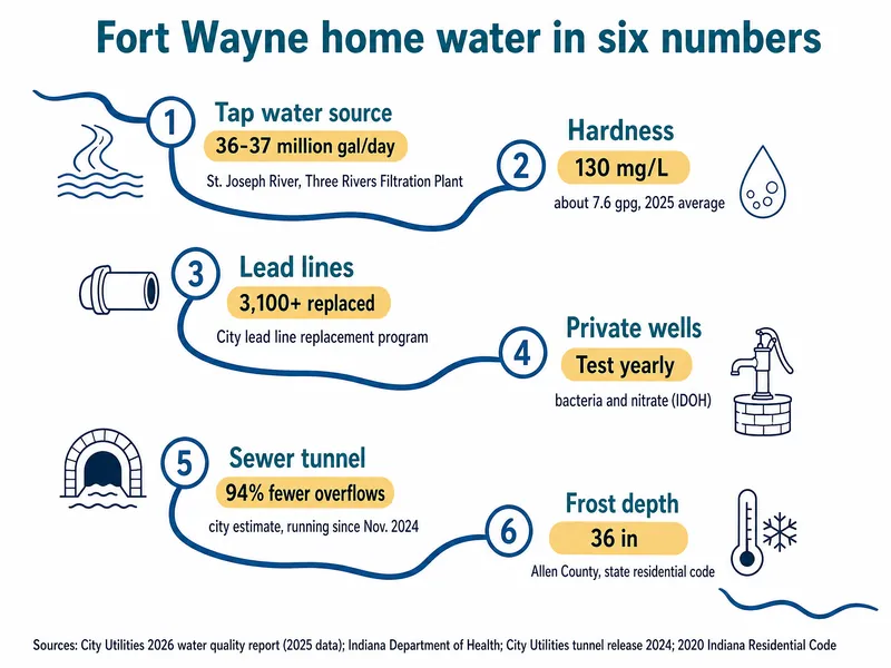 River-map chart titled Fort Wayne home water in six numbers: 1 tap water source, 36-37 million gallons a day, St. Joseph River, Three Rivers Filtration Plant; 2 hardness, 130 mg/L, about 7.6 gpg, 2025 average; 3 lead lines, 3,100+ replaced, city lead line replacement program; 4 private wells, test yearly for bacteria and nitrate (IDOH); 5 sewer tunnel, 94% fewer overflows, city estimate, running since November 2024; 6 frost depth, 36 inches, Allen County, state residential code; sources City Utilities 2026 water quality report, Indiana Department of Health, City Utilities tunnel release 2024, 2020 Indiana Residential Code