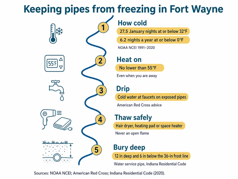 River-map infographic titled Keeping pipes from freezing in Fort Wayne, with five numbered stations: how cold, 27.5 January nights at or below 32°F and 6.2 nights a year at or below 0°F, NOAA NCEI 1991–2020; heat on, no lower than 55°F, even when you are away; drip, cold water at faucets on exposed pipes, American Red Cross advice; thaw safely, hair dryer, heating pad or space heater, never an open flame; bury deep, 12 in deep and 6 in below the 36-in frost line, water service pipe, Indiana Residential Code. Source line: NOAA NCEI, American Red Cross, Indiana Residential Code (2020).