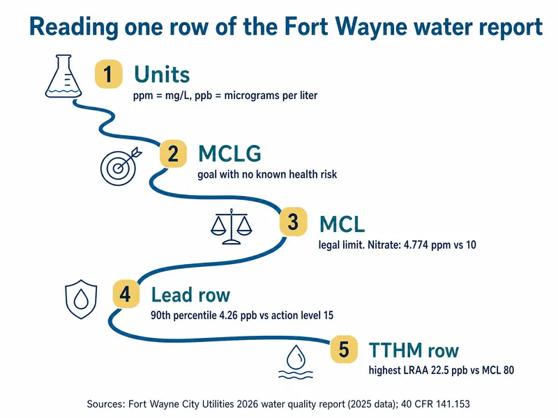 River-map chart titled Reading one row of the Fort Wayne water report, with five stations: 1 units, ppm = mg/L and ppb = micrograms per liter; 2 MCLG, a goal with no known health risk; 3 MCL, the legal limit, with nitrate at 4.774 ppm vs 10; 4 lead row, 90th percentile 4.26 ppb (January to June 2025) vs action level 15; 5 TTHM row, highest LRAA 22.5 ppb vs MCL 80; sources City Utilities 2026 water quality report (2025 data) and 40 CFR 141.153