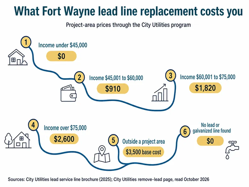 River-map infographic titled What Fort Wayne lead line replacement costs you, project-area prices through the City Utilities program, with six stations: 1, income under $45,000, $0; 2, income $45,001 to $60,000, $910; 3, income $60,001 to $75,000, $1,820; 4, income over $75,000, $2,600; 5, outside a project area, $3,500 base cost; 6, no lead or galvanized line found, $0. Sources: City Utilities lead service line brochure (2025); City Utilities remove-lead page, read October 2026