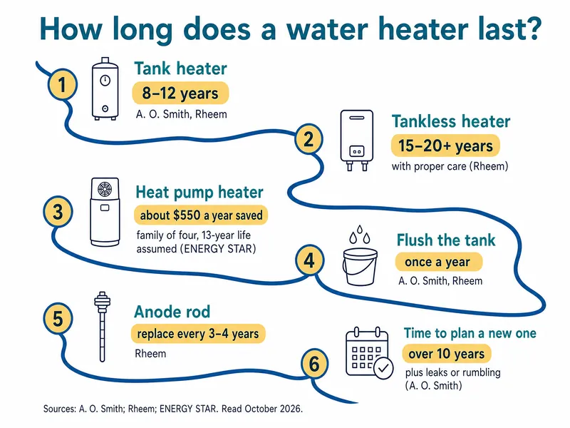 River-map infographic titled How long does a water heater last, with six stations: tank heater 8 to 12 years (A. O. Smith, Rheem); tankless 15 to 20+ years with proper care (Rheem); heat pump about $550 a year saved for a family of four, 13-year life assumed (ENERGY STAR); flush the tank once a year; replace the anode rod every 3 to 4 years (Rheem); over 10 years old plus leaks or rumbling, plan a replacement (A. O. Smith). Source line: A. O. Smith, Rheem, ENERGY STAR, read October 2026.