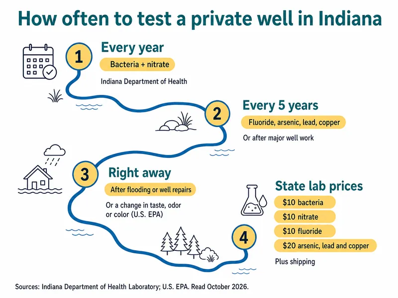 River-map infographic titled How often to test a private well in Indiana, with four stations: every year, bacteria plus nitrate, Indiana Department of Health; every 5 years, fluoride, arsenic, lead, copper, or after major well work; right away, after flooding or well repairs, or a change in taste, odor or color, U.S. EPA; state lab prices, $10 bacteria, $10 nitrate, $10 fluoride, $20 arsenic, lead and copper, plus shipping. Source line: Indiana Department of Health Laboratory and U.S. EPA, read October 2026.