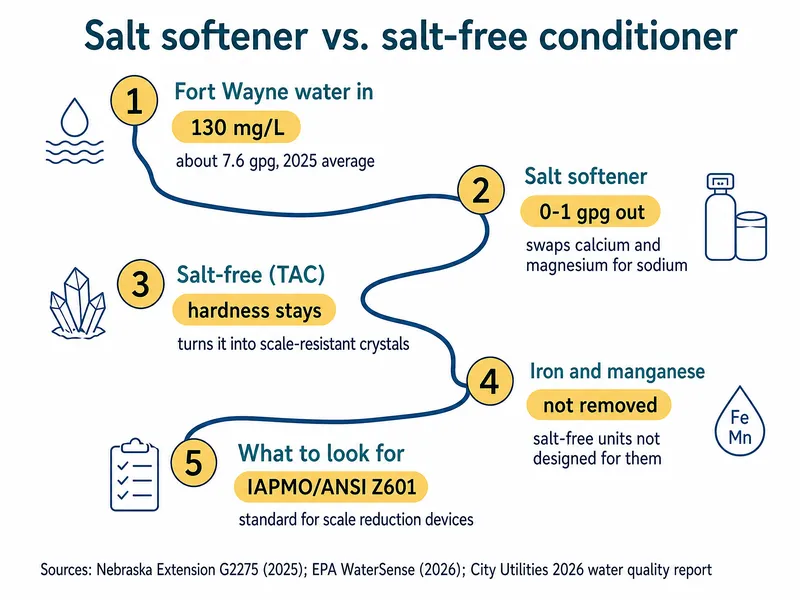 River-map chart titled Salt softener vs. salt-free conditioner, five stations: 1 Fort Wayne water in, 130 mg/L, about 7.6 gpg, 2025 average; 2 salt softener, 0-1 gpg out, swaps calcium and magnesium for sodium; 3 salt-free (TAC), hardness stays, turns it into scale-resistant crystals; 4 iron and manganese, not removed, salt-free units not designed for them; 5 what to look for, IAPMO/ANSI Z601, standard for scale reduction devices; sources Nebraska Extension G2275 (2025), EPA WaterSense (2026), City Utilities 2026 water quality report