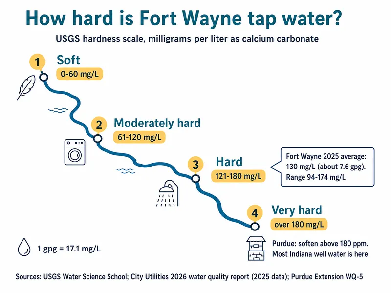 River-map chart titled How hard is Fort Wayne tap water, showing the USGS scale in four stations: soft 0-60 mg/L, moderately hard 61-120 mg/L, hard 121-180 mg/L with a flag for the Fort Wayne 2025 average of 130 mg/L (about 7.6 gpg) and range 94-174 mg/L, and very hard over 180 mg/L with a note that Purdue says to soften above 180 ppm and most Indiana well water is there; 1 gpg = 17.1 mg/L; sources USGS, City Utilities 2026 report, Purdue Extension WQ-5
