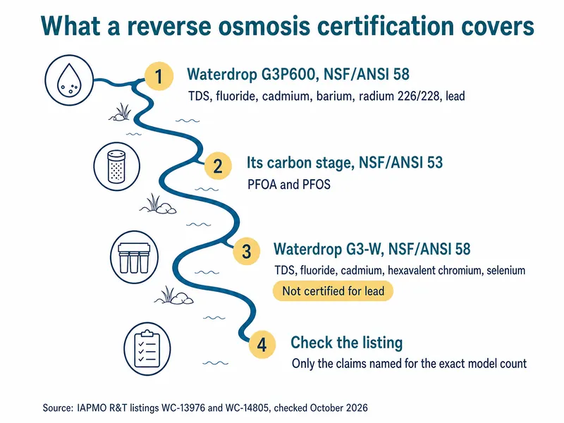 River-map infographic titled What a reverse osmosis certification covers with four stations: 1, Waterdrop G3P600, NSF/ANSI 58, TDS, fluoride, cadmium, barium, radium 226/228, lead; 2, its carbon stage, NSF/ANSI 53, PFOA and PFOS; 3, Waterdrop G3-W, NSF/ANSI 58, TDS, fluoride, cadmium, hexavalent chromium, selenium, not certified for lead; 4, check the listing, only the claims named for the exact model count. Source: IAPMO R&T listings WC-13976 and WC-14805, checked October 2026