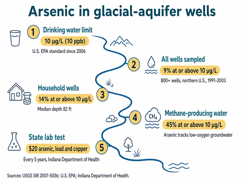 River-map infographic titled Arsenic in glacial-aquifer wells, with five stations: drinking water limit, 10 µg/L (10 ppb), U.S. EPA standard since 2006; all wells sampled, 9% at or above 10 µg/L, 800+ wells, northern U.S., 1991–2003; household wells, 14% at or above 10 µg/L, median depth 82 ft; methane-producing water, 45% at or above 10 µg/L, arsenic tracks low-oxygen groundwater; state lab test, $20 arsenic, lead and copper, every 5 years, Indiana Department of Health. Source line: USGS SIR 2007-5036, U.S. EPA, Indiana Department of Health.