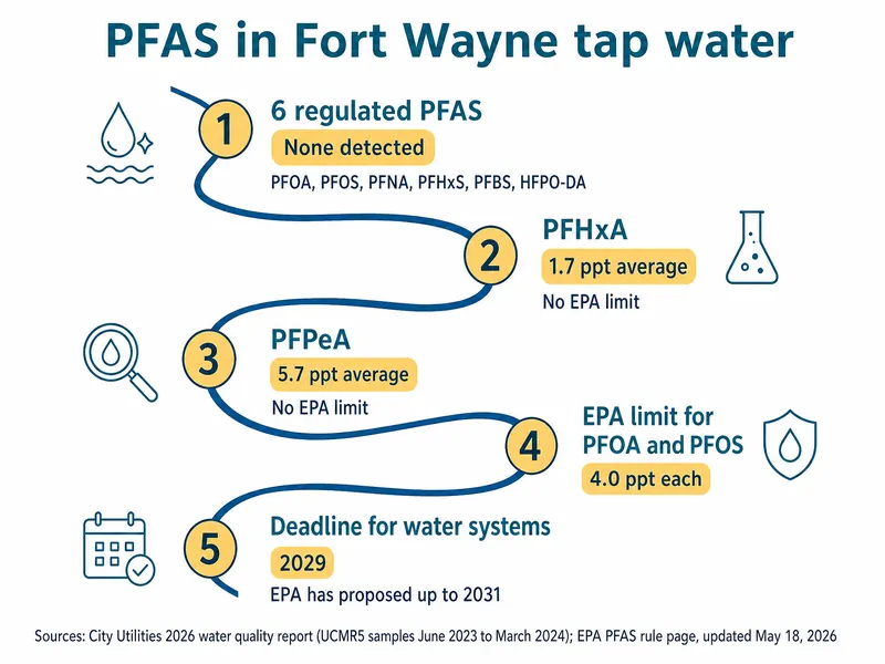 River-map infographic titled PFAS in Fort Wayne tap water with five stations: 1, 6 regulated PFAS, none detected (PFOA, PFOS, PFNA, PFHxS, PFBS, HFPO-DA); 2, PFHxA, 1.7 ppt average, no EPA limit; 3, PFPeA, 5.7 ppt average, no EPA limit; 4, EPA limit for PFOA and PFOS, 4.0 ppt each; 5, deadline for water systems 2029, EPA has proposed up to 2031. Sources: City Utilities 2026 water quality report (UCMR5 samples June 2023 to March 2024); EPA PFAS rule page, updated May 18, 2026