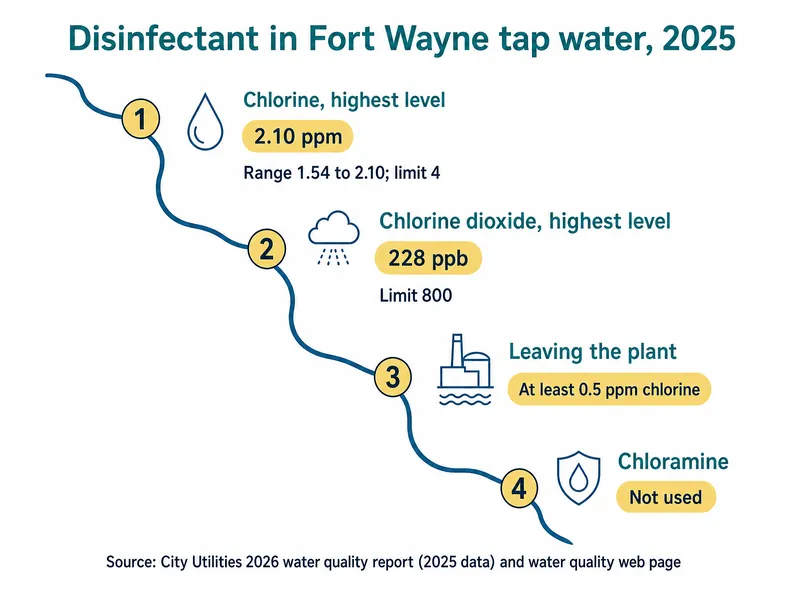 River-map infographic titled Disinfectant in Fort Wayne tap water, 2025, with four stations: 1, chlorine, highest level 2.10 ppm, range 1.54 to 2.10, limit 4; 2, chlorine dioxide, highest level 228 ppb, limit 800; 3, leaving the plant, at least 0.5 ppm chlorine; 4, chloramine, not used. Source: City Utilities 2026 water quality report (2025 data) and water quality web page