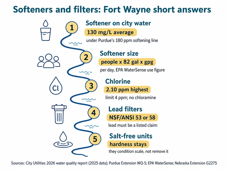 River-map chart titled Softeners and filters: Fort Wayne short answers, five stations: 1 softener on city water, 130 mg/L average, under Purdue's 180 ppm softening line; 2 softener size, people x 82 gal x gpg per day, EPA WaterSense use figure; 3 chlorine, 2.10 ppm highest, limit 4 ppm, no chloramine; 4 lead filters, NSF/ANSI 53 or 58, lead must be a listed claim; 5 salt-free units, hardness stays, they condition scale, not remove it; source line credits the city's 2026 report on 2025 data, Purdue WQ-5, EPA WaterSense and Nebraska G2275