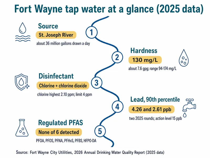 River-map chart titled Fort Wayne tap water at a glance (2025 data), with five stations: 1 source, St. Joseph River, about 36 million gallons drawn a day; 2 hardness, 130 mg/L, about 7.6 gpg, range 94-174 mg/L; 3 disinfectant, chlorine plus chlorine dioxide, chlorine highest 2.10 ppm, limit 4 ppm; 4 lead 90th percentile, 4.26 and 2.61 ppb in two 2025 rounds, action level 15 ppb; 5 regulated PFAS, none of 6 detected: PFOA, PFOS, PFNA, PFHxS, PFBS, HFPO-DA; source City Utilities 2026 water quality report