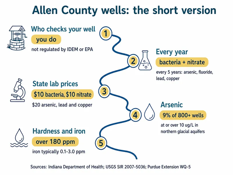 River-map chart titled Allen County wells: the short version, five stations: 1 who checks your well, you do, not regulated by IDEM or EPA; 2 every year, bacteria plus nitrate, every 5 years arsenic, fluoride, lead, copper; 3 state lab prices, $10 bacteria, $10 nitrate, $20 arsenic, lead and copper; 4 arsenic, 9% of 800+ wells at or over 10 ug/L in northern glacial aquifers; 5 hardness and iron, over 180 ppm, iron typically 0.1-3.0 ppm; credited to the Indiana Department of Health, USGS SIR 2007-5036 and Purdue Extension WQ-5