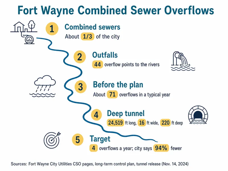 River-map infographic titled Fort Wayne Combined Sewer Overflows, with five numbered stations: 1 Combined sewers, about 1/3 of the city; 2 Outfalls, 44 overflow points to the rivers; 3 Before the plan, about 71 overflows in a typical year; 4 Deep tunnel, 24,519 ft long, 16 ft wide, 220 ft deep; 5 Target, 4 overflows a year; city says 94% fewer. Source line: Fort Wayne City Utilities CSO pages, long-term control plan, tunnel release (Nov. 14, 2024)