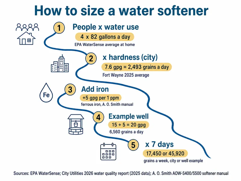 River-map chart titled How to size a water softener, five stations: 1 people x water use, 4 x 82 gallons a day, EPA WaterSense average at home; 2 x hardness (city), 7.6 gpg = 2,493 grains a day, Fort Wayne 2025 average; 3 add iron, +5 gpg per 1 ppm of ferrous iron, A. O. Smith manual; 4 example well, 15 + 5 = 20 gpg, 6,560 grains a day; 5 x 7 days, 17,450 or 45,920 grains a week for the city or well example; sources EPA WaterSense, City Utilities 2026 water quality report (2025 data), A. O. Smith AOW-S400/S500 softener manual