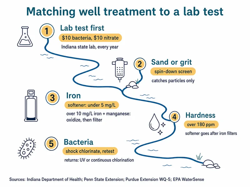 River-map chart titled Matching well treatment to a lab test, five stations: 1 lab test first, $10 bacteria, $10 nitrate, Indiana state lab, every year; 2 sand or grit, spin-down screen, catches particles only; 3 iron, softener under 5 mg/L, over 10 mg/L iron plus manganese oxidize then filter; 4 hardness, over 180 ppm, softener goes after iron filters; 5 bacteria, shock chlorinate and retest, if it returns UV or continuous chlorination; sources Indiana Department of Health, Penn State Extension, Purdue Extension WQ-5, EPA WaterSense