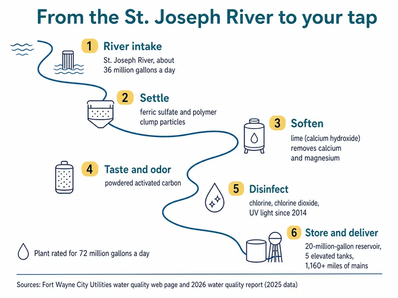 River-map chart titled From the St. Joseph River to your tap, with six stations: 1 river intake, St. Joseph River, about 36 million gallons a day; 2 settle, ferric sulfate and polymer clump particles; 3 soften, lime (calcium hydroxide) removes calcium and magnesium; 4 taste and odor, powdered activated carbon; 5 disinfect, chlorine, chlorine dioxide, UV light since 2014; 6 store and deliver, 20-million-gallon reservoir, 5 elevated tanks, 1,160+ miles of mains; note that the plant is rated for 72 million gallons a day; sources City Utilities water quality web page and 2026 report