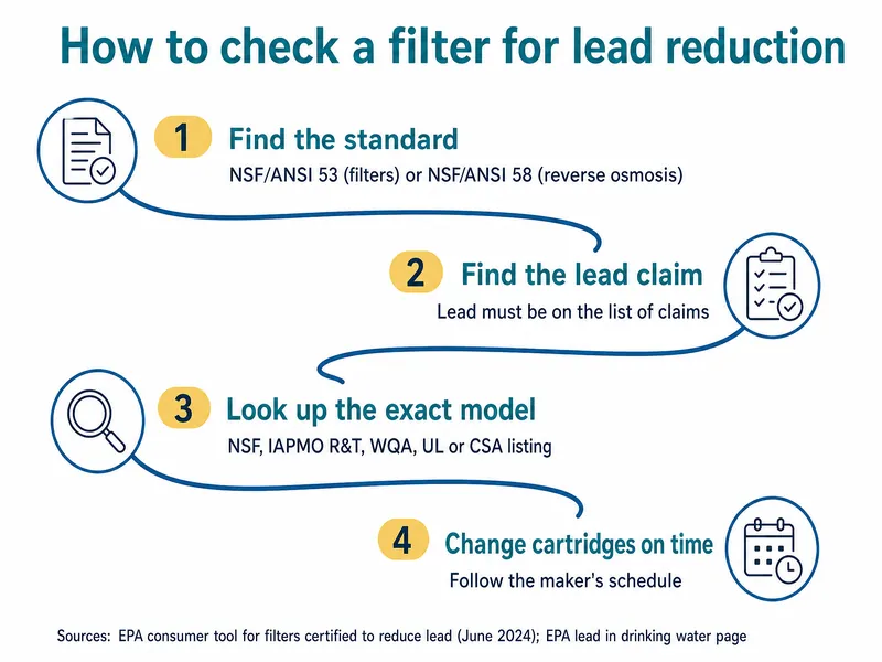 River-map infographic titled How to check a filter for lead reduction with four stations: 1, find the standard, NSF/ANSI 53 (filters) or NSF/ANSI 58 (reverse osmosis); 2, find the lead claim, lead must be on the list of claims; 3, look up the exact model in an NSF, IAPMO R&T, WQA, UL or CSA listing; 4, change cartridges on time, follow the maker's schedule. Sources: EPA consumer tool for filters certified to reduce lead (June 2024); EPA lead in drinking water page
