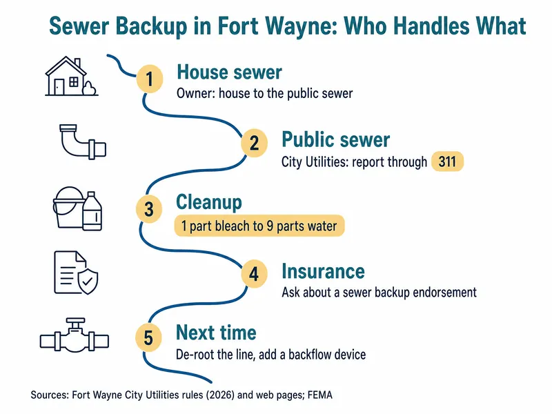 River-map infographic titled Sewer Backup in Fort Wayne: Who Handles What, with five numbered stations: 1 House sewer, owner: house to the public sewer; 2 Public sewer, City Utilities: report through 311; 3 Cleanup, 1 part bleach to 9 parts water; 4 Insurance, ask about a sewer backup endorsement; 5 Next time, de-root the line, add a backflow device. Source line: Fort Wayne City Utilities rules (2026) and web pages; FEMA
