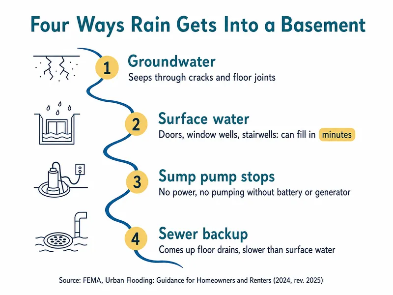 River-map infographic titled Four Ways Rain Gets Into a Basement, with four numbered stations: 1 Groundwater, seeps through cracks and floor joints; 2 Surface water, doors, window wells, stairwells: can fill in minutes; 3 Sump pump stops, no power, no pumping without battery or generator; 4 Sewer backup, comes up floor drains, slower than surface water. Source credit: FEMA's 2024 Urban Flooding guide, revised 2025
