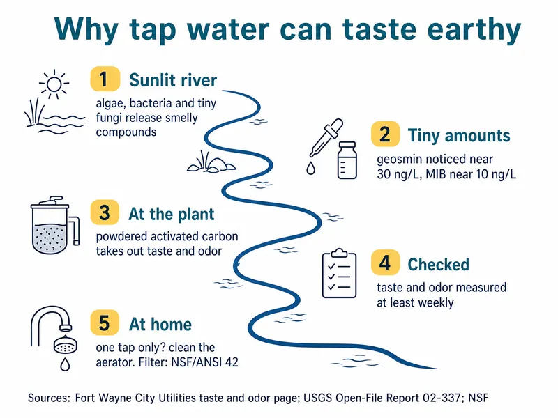 River-map chart titled Why tap water can taste earthy, with five stations: 1 sunlit river, algae, bacteria and tiny fungi release smelly compounds; 2 tiny amounts, geosmin noticed near 30 ng/L and MIB near 10 ng/L; 3 at the plant, powdered activated carbon takes out taste and odor; 4 checked, taste and odor measured at least weekly; 5 at home, one tap only means clean the aerator, and a filter should carry NSF/ANSI 42; sources City Utilities taste and odor page, USGS Open-File Report 02-337, NSF