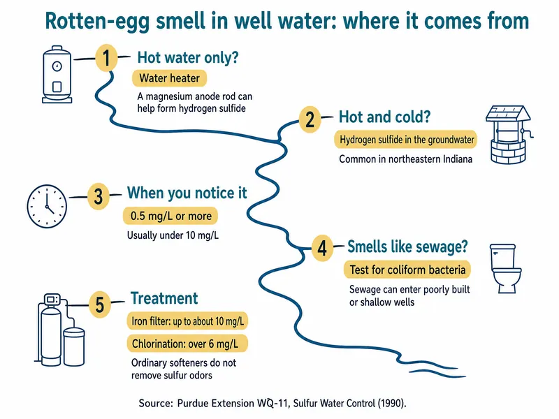 River-map infographic titled Rotten-egg smell in well water: where it comes from, with five stations: hot water only, water heater, a magnesium anode rod can help form hydrogen sulfide; hot and cold, hydrogen sulfide in the groundwater, common in northeastern Indiana; when you notice it, 0.5 mg/L or more, usually under 10 mg/L; smells like sewage, test for coliform bacteria, sewage can enter poorly built or shallow wells; treatment, iron filter up to about 10 mg/L, chlorination over 6 mg/L, ordinary softeners do not remove sulfur odors. Source line: Purdue Extension WQ-11, Sulfur Water Control, 1990.