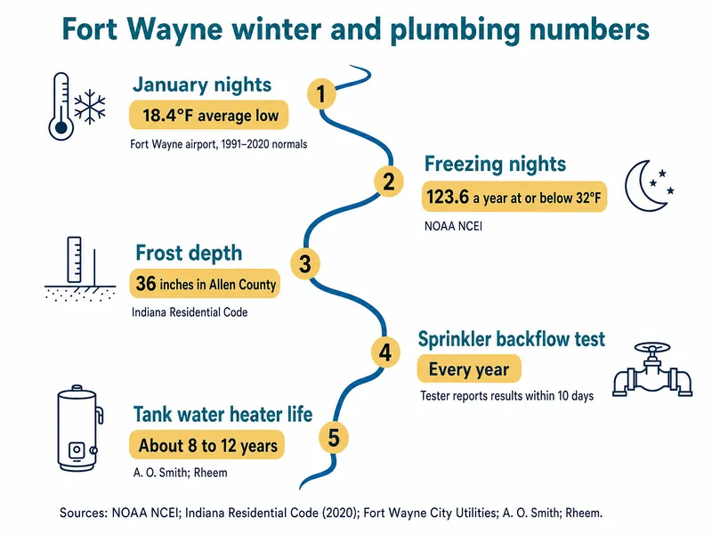 River-map infographic titled Fort Wayne winter and plumbing numbers, with five stations: January nights, 18.4°F average low, Fort Wayne airport, 1991–2020 normals; freezing nights, 123.6 a year at or below 32°F, NOAA NCEI; frost depth, 36 inches in Allen County, Indiana Residential Code; sprinkler backflow test, every year, tester reports results within 10 days; tank water heater life, about 8 to 12 years, A. O. Smith and Rheem. Source line: NOAA NCEI, Indiana Residential Code (2020), Fort Wayne City Utilities, A. O. Smith, Rheem.